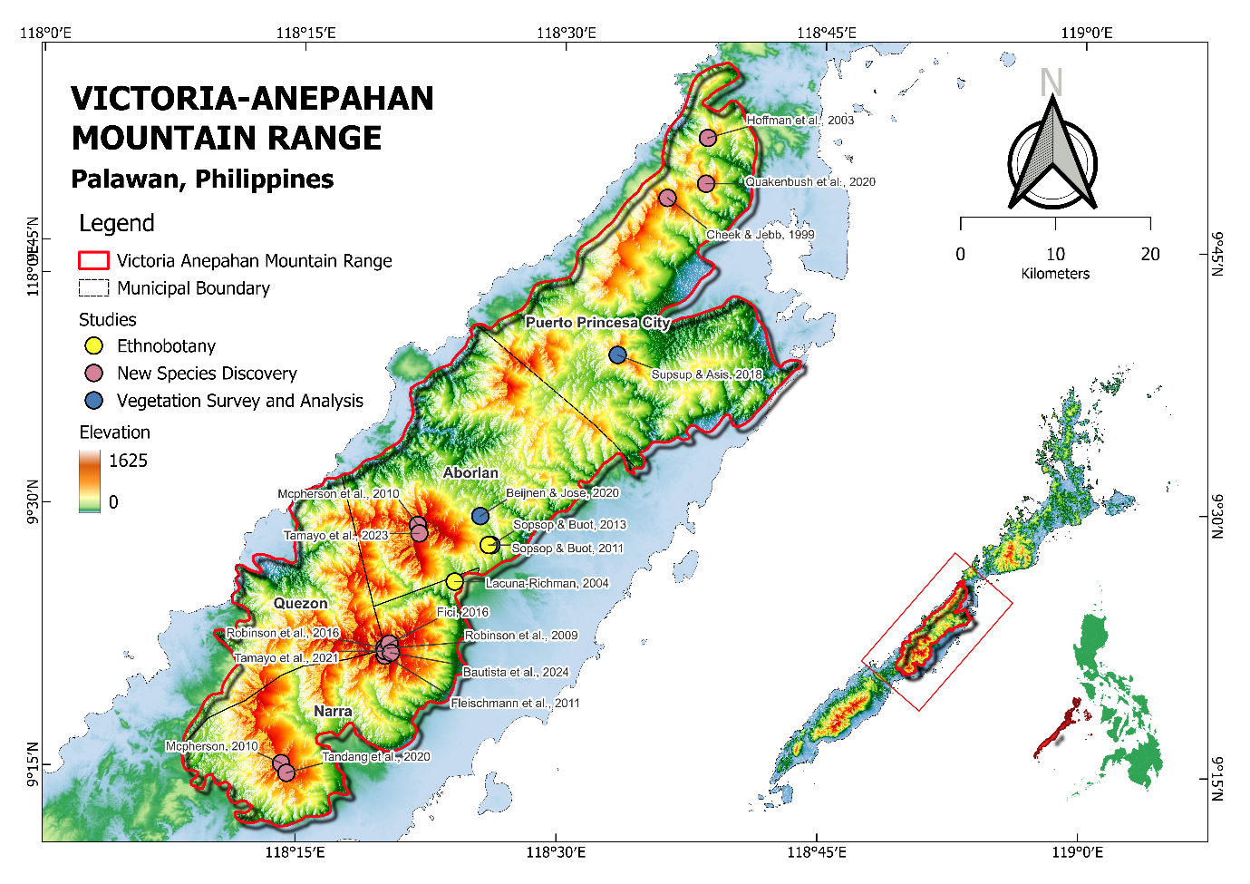 Distribution map of Victoria-Anepahan Mountain Range (VAMR) botanical studies (Blue: Vegetation survey and analyses; Yellow: Ethnobotany; Violet: New Species Discovery)
